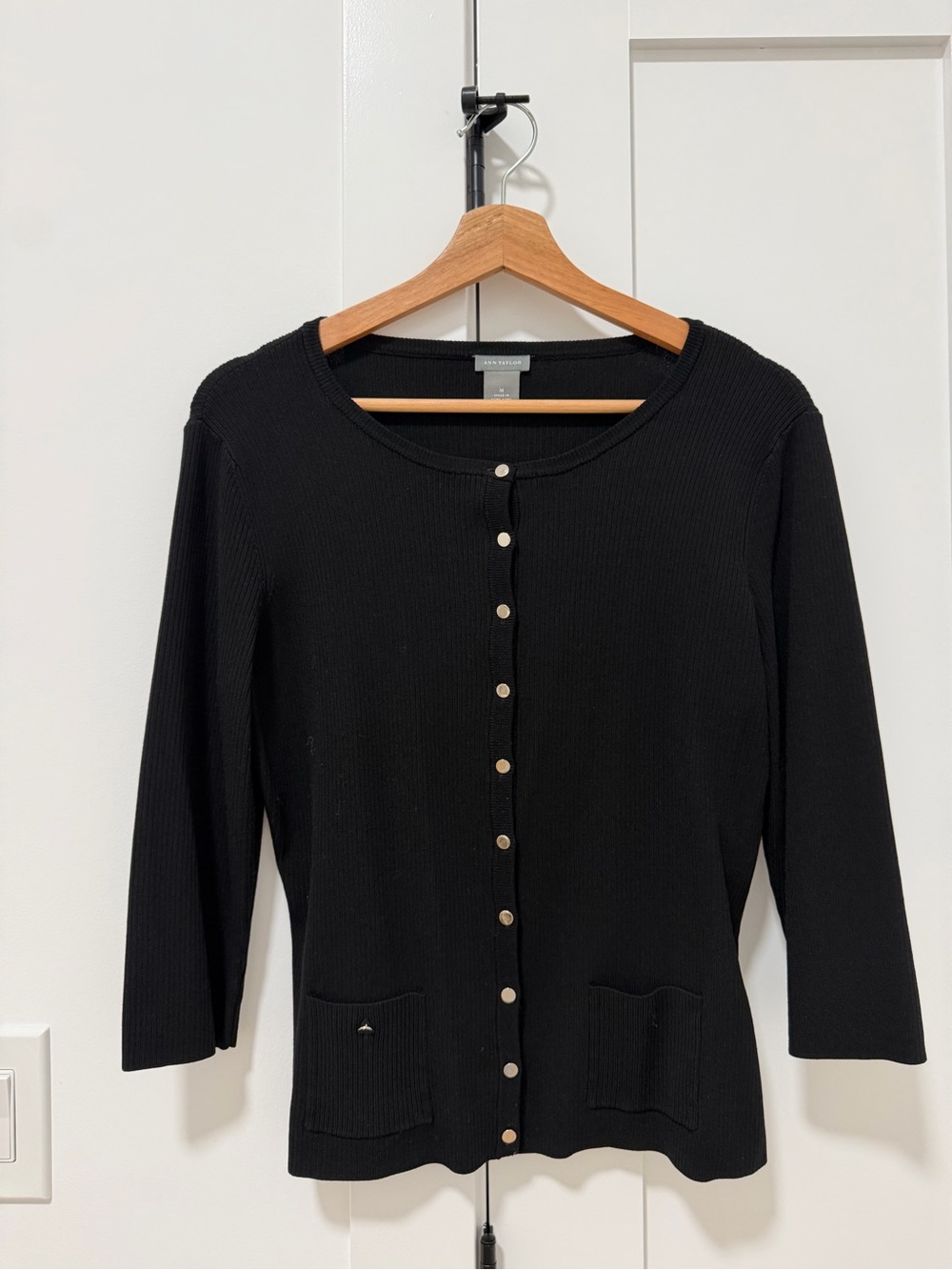 Ann Taylor Black Gold Button-Front Ribbed Cardigan